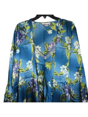 Vintage Morgan Taylor Intimates XL Blue Floral Satin Peignoir Nightgown Robe Set